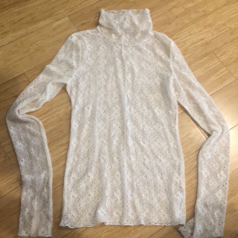 Free People White Lace Turtleneck Long Sleeve Top